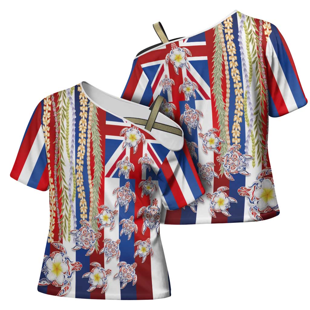 Hawaiian Polynesian Tribal Turtles Cross Shoulder Shirt with Lei and Flag Style
