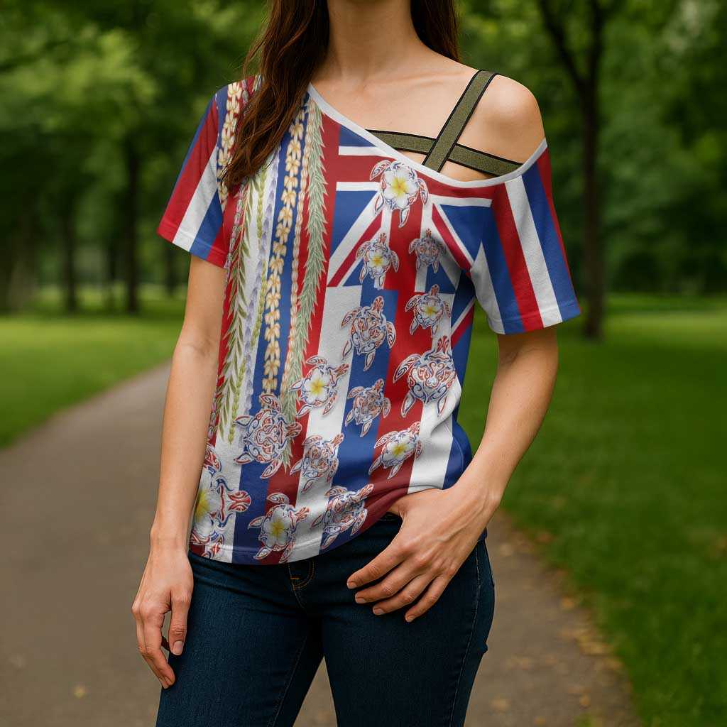 Hawaiian Polynesian Tribal Turtles Cross Shoulder Shirt with Lei and Flag Style