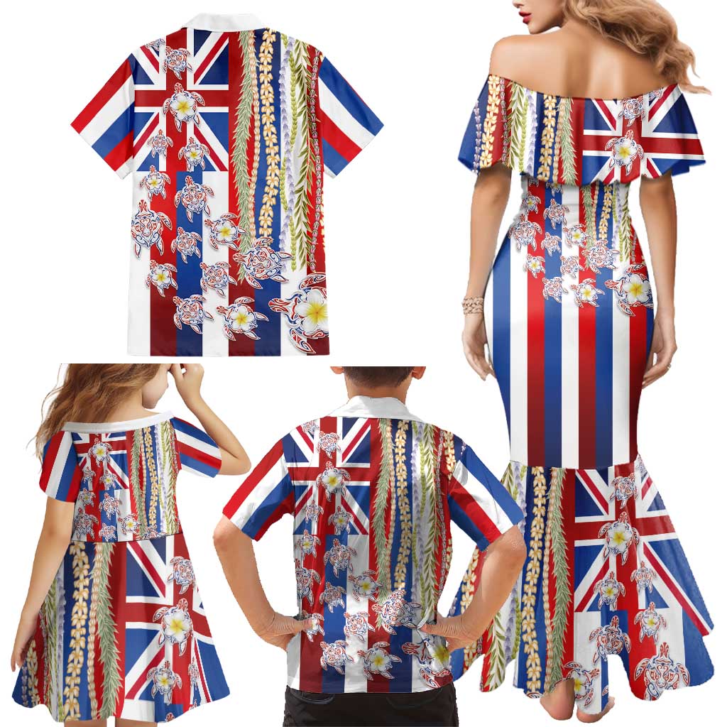Hawaiian Polynesian Tribal Turtles Family Matching Mermaid Dress and Hawaiian Shirt with Lei and Flag Style