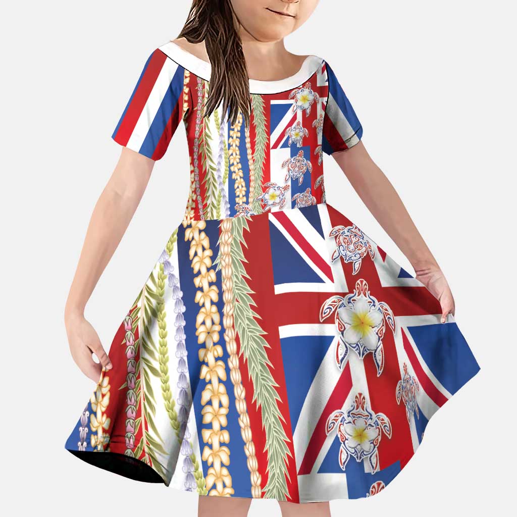 Hawaiian Polynesian Tribal Turtles Family Matching Off Shoulder Maxi Dress and Hawaiian Shirt with Lei and Flag Style