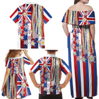 Hawaiian Polynesian Tribal Turtles Family Matching Off Shoulder Maxi Dress and Hawaiian Shirt with Lei and Flag Style