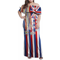 Hawaiian Polynesian Tribal Turtles Family Matching Off Shoulder Maxi Dress and Hawaiian Shirt with Lei and Flag Style