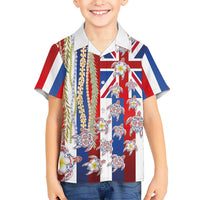 Hawaiian Polynesian Tribal Turtles Family Matching Off Shoulder Maxi Dress and Hawaiian Shirt with Lei and Flag Style