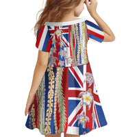 Hawaiian Polynesian Tribal Turtles Family Matching Off Shoulder Short Dress and Hawaiian Shirt with Lei and Flag Style