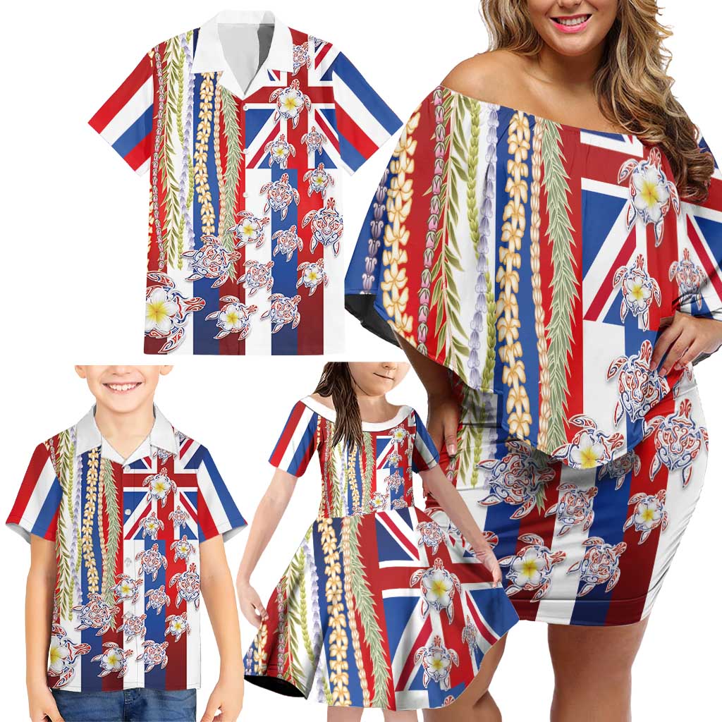 Hawaiian Polynesian Tribal Turtles Family Matching Off Shoulder Short Dress and Hawaiian Shirt with Lei and Flag Style