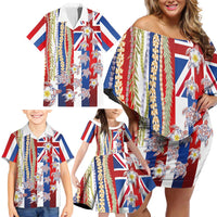 Hawaiian Polynesian Tribal Turtles Family Matching Off Shoulder Short Dress and Hawaiian Shirt with Lei and Flag Style