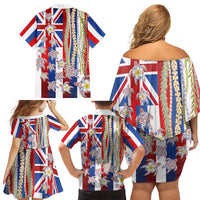Hawaiian Polynesian Tribal Turtles Family Matching Off Shoulder Short Dress and Hawaiian Shirt with Lei and Flag Style