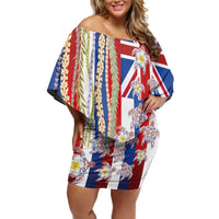 Hawaiian Polynesian Tribal Turtles Family Matching Off Shoulder Short Dress and Hawaiian Shirt with Lei and Flag Style