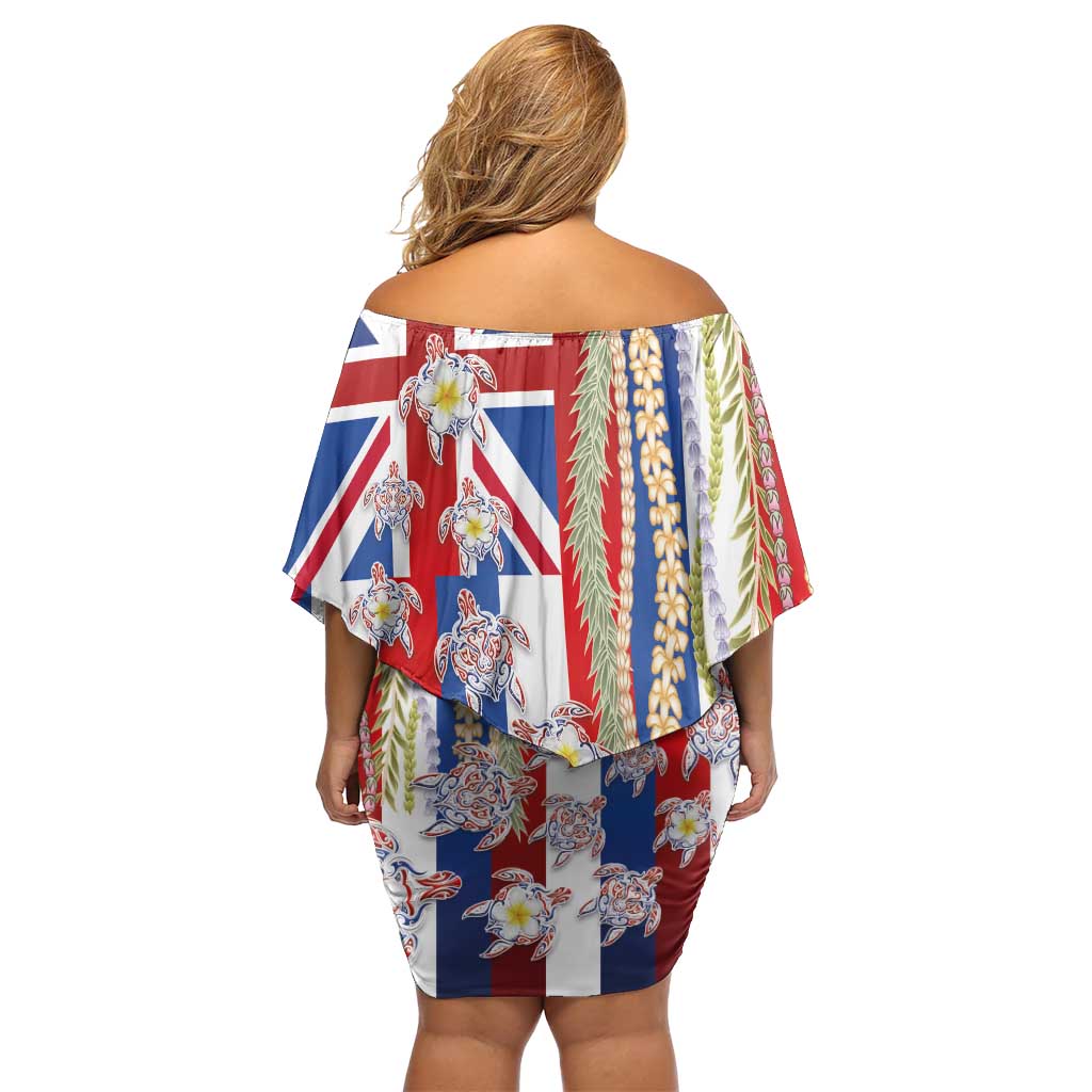 Hawaiian Polynesian Tribal Turtles Family Matching Off Shoulder Short Dress and Hawaiian Shirt with Lei and Flag Style