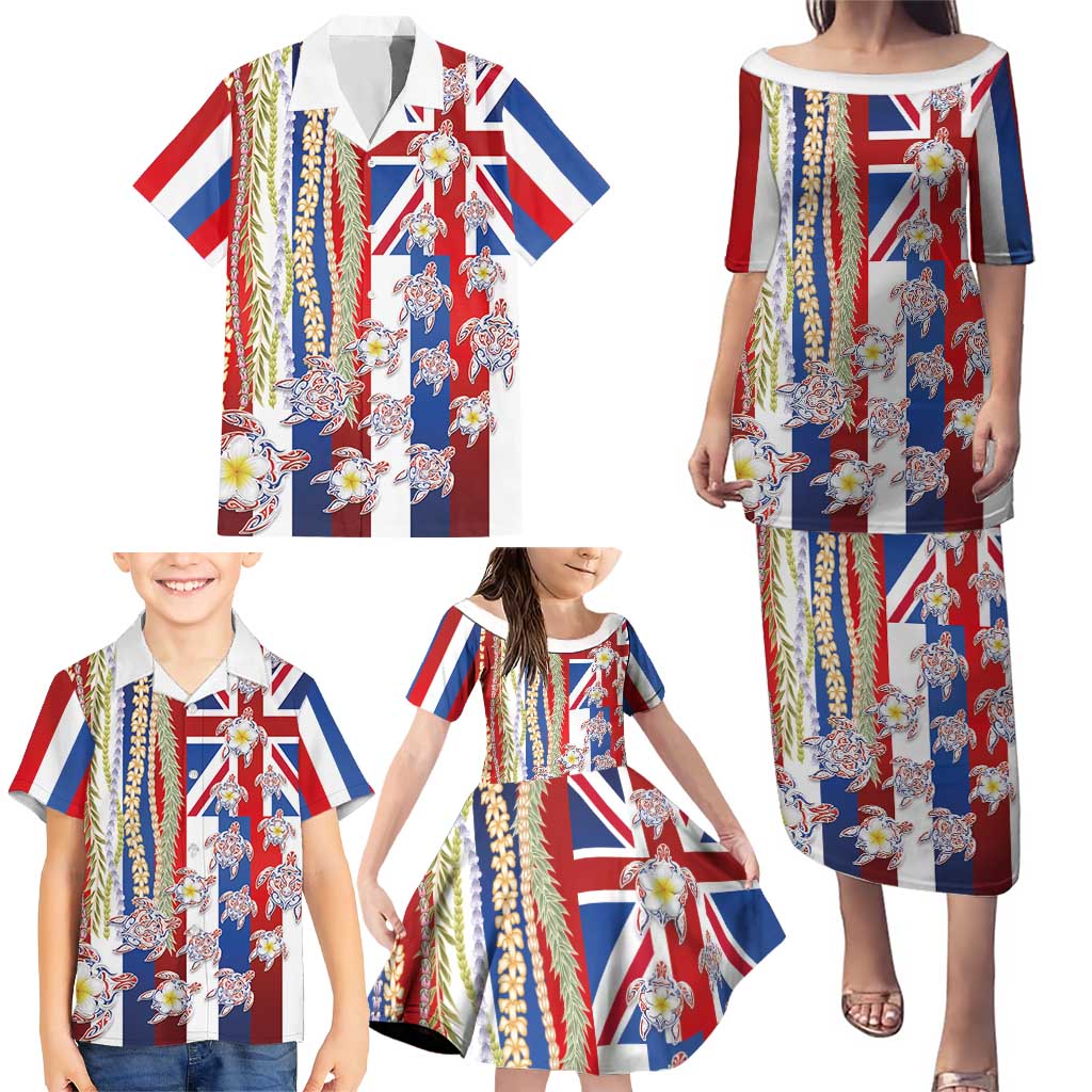 Hawaiian Polynesian Tribal Turtles Family Matching Puletasi and Hawaiian Shirt with Lei and Flag Style