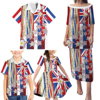 Hawaiian Polynesian Tribal Turtles Family Matching Puletasi and Hawaiian Shirt with Lei and Flag Style