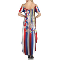 Hawaiian Polynesian Tribal Turtles Family Matching Summer Maxi Dress and Hawaiian Shirt with Lei and Flag Style
