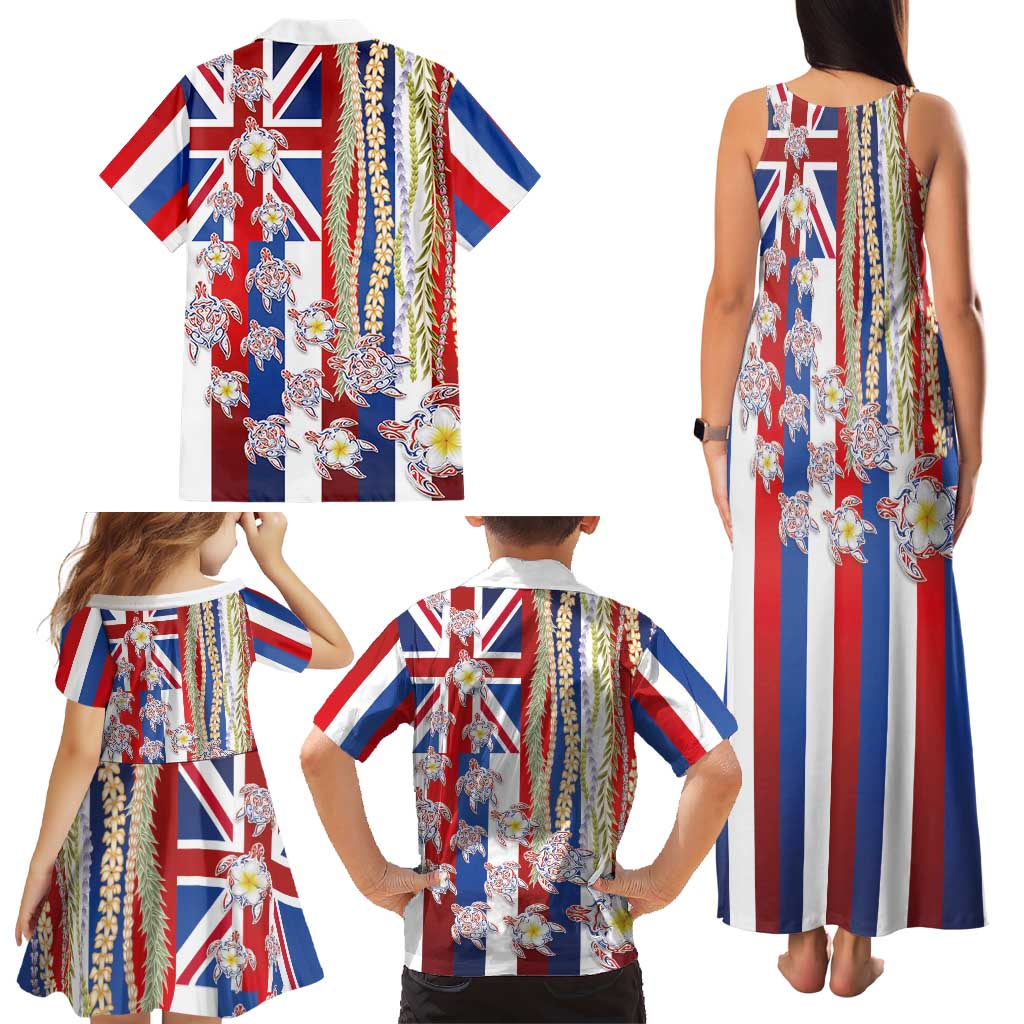 Hawaiian Polynesian Tribal Turtles Family Matching Tank Maxi Dress and Hawaiian Shirt with Lei and Flag Style