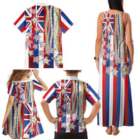 Hawaiian Polynesian Tribal Turtles Family Matching Tank Maxi Dress and Hawaiian Shirt with Lei and Flag Style