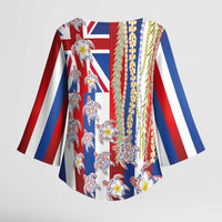 Hawaiian Polynesian Tribal Turtles Kimono Sleeve Blouse with Lei and Flag Style