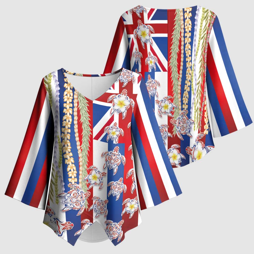 Hawaiian Polynesian Tribal Turtles Kimono Sleeve Blouse with Lei and Flag Style