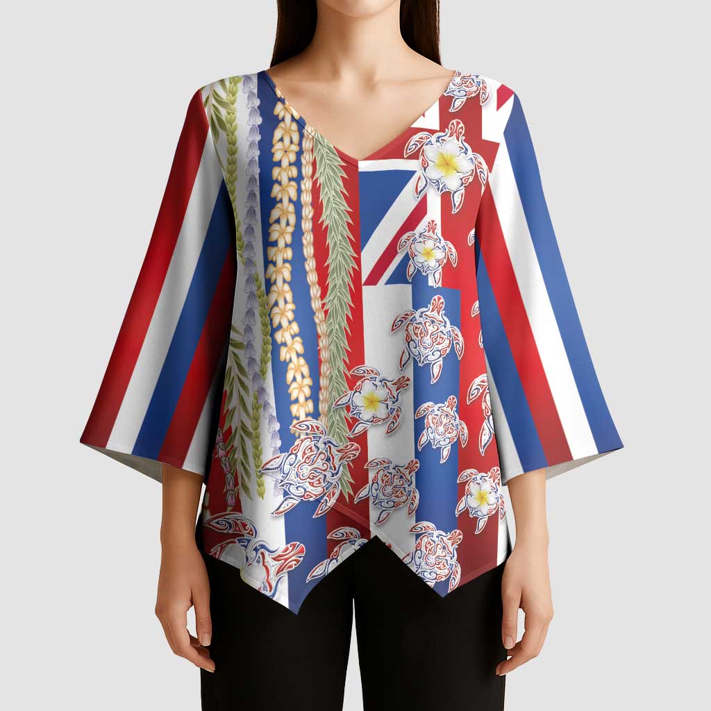 Hawaiian Polynesian Tribal Turtles Kimono Sleeve Blouse with Lei and Flag Style