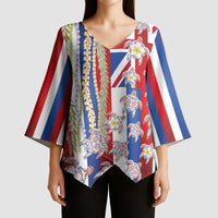 Hawaiian Polynesian Tribal Turtles Kimono Sleeve Blouse with Lei and Flag Style