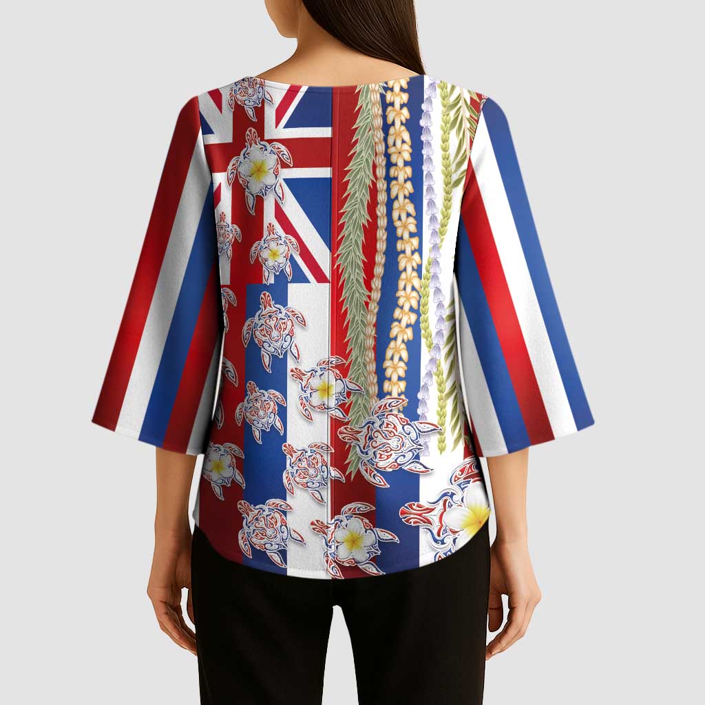 Hawaiian Polynesian Tribal Turtles Kimono Sleeve Blouse with Lei and Flag Style