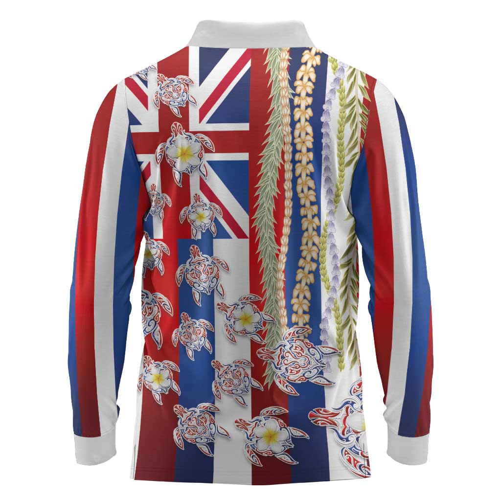 Hawaiian Polynesian Tribal Turtles Long Sleeve Polo Shirt with Lei and Flag Style