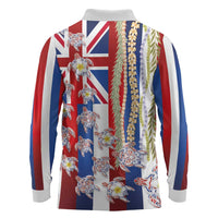 Hawaiian Polynesian Tribal Turtles Long Sleeve Polo Shirt with Lei and Flag Style