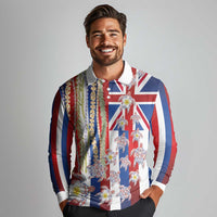 Hawaiian Polynesian Tribal Turtles Long Sleeve Polo Shirt with Lei and Flag Style