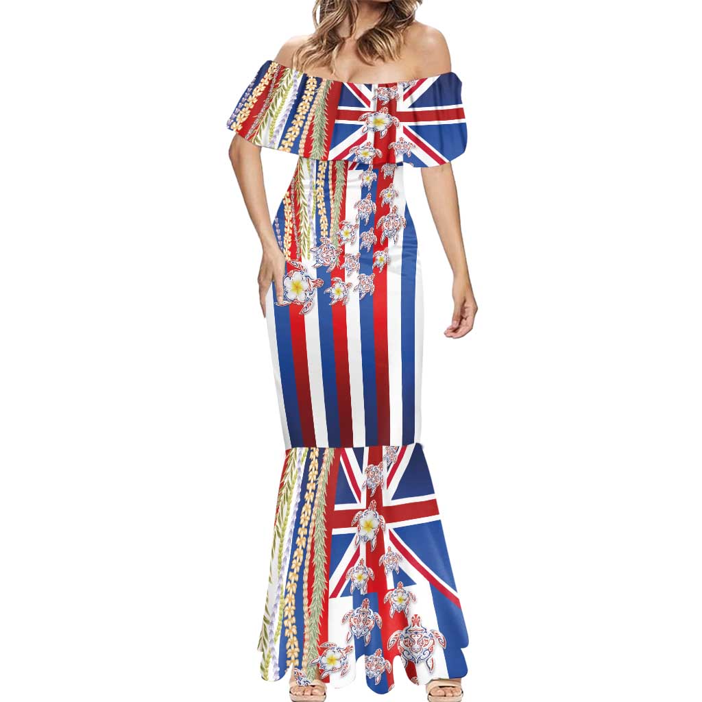 Hawaiian Polynesian Tribal Turtles Mermaid Dress with Lei and Flag Style