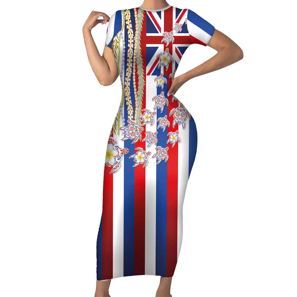 Hawaiian Polynesian Tribal Turtles Short Sleeve Bodycon Dress with Lei and Flag Style