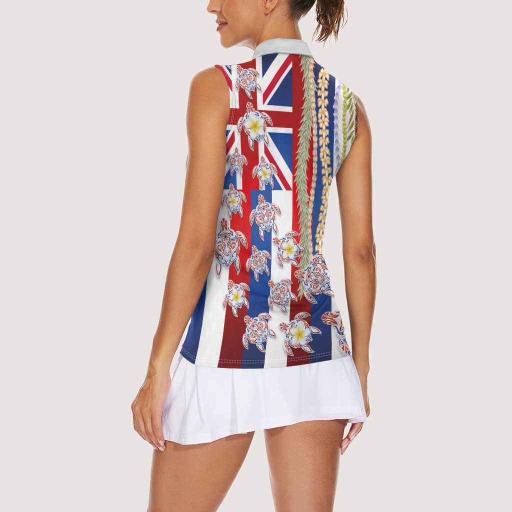 Hawaiian Polynesian Tribal Turtles Women Sleeveless Polo Shirt with Lei and Flag Style LT03 - Polynesian Pride