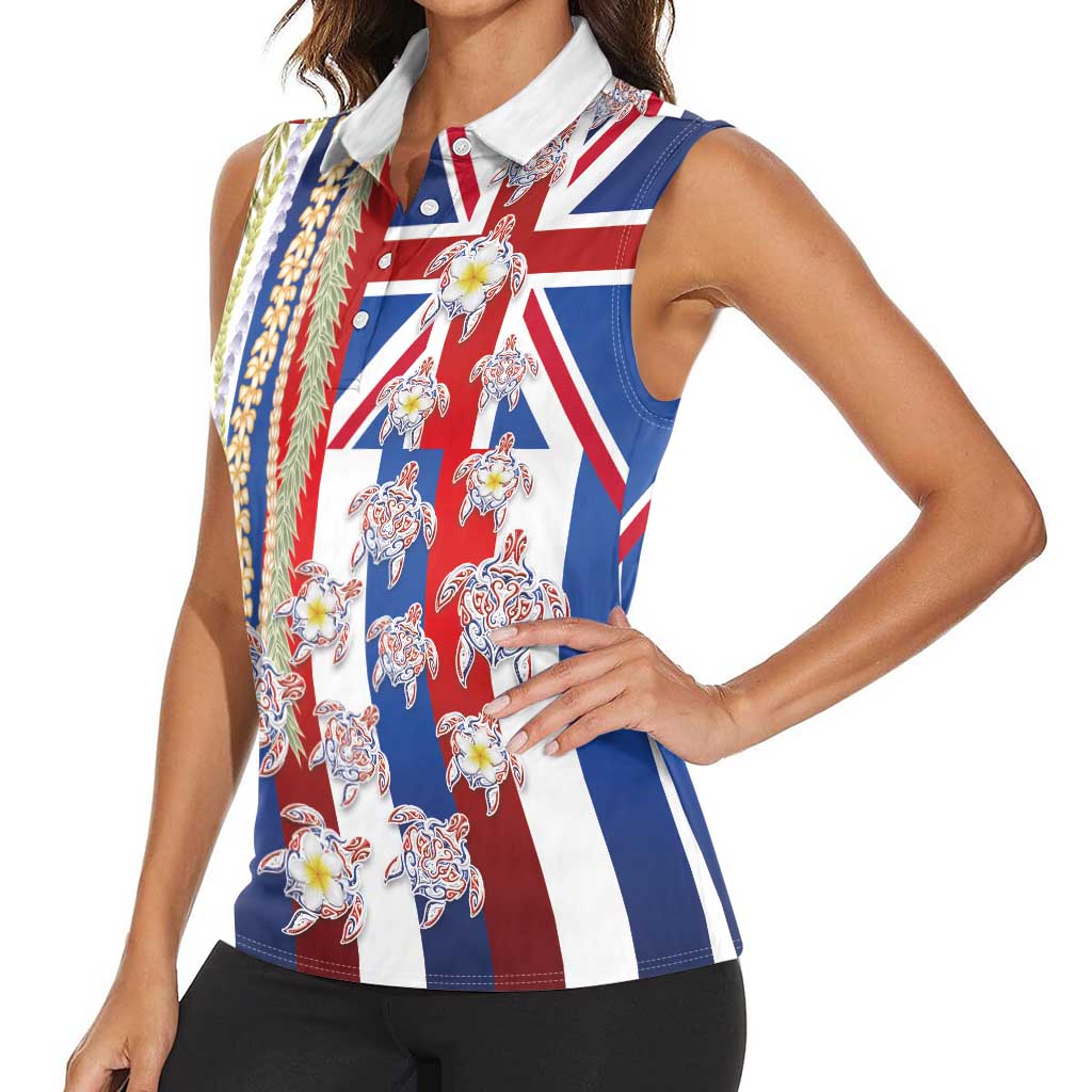 Hawaiian Polynesian Tribal Turtles Women Sleeveless Polo Shirt with Lei and Flag Style LT03 - Polynesian Pride