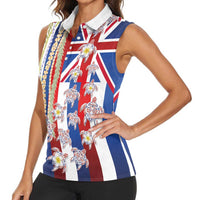 Hawaiian Polynesian Tribal Turtles Women Sleeveless Polo Shirt with Lei and Flag Style LT03 - Polynesian Pride