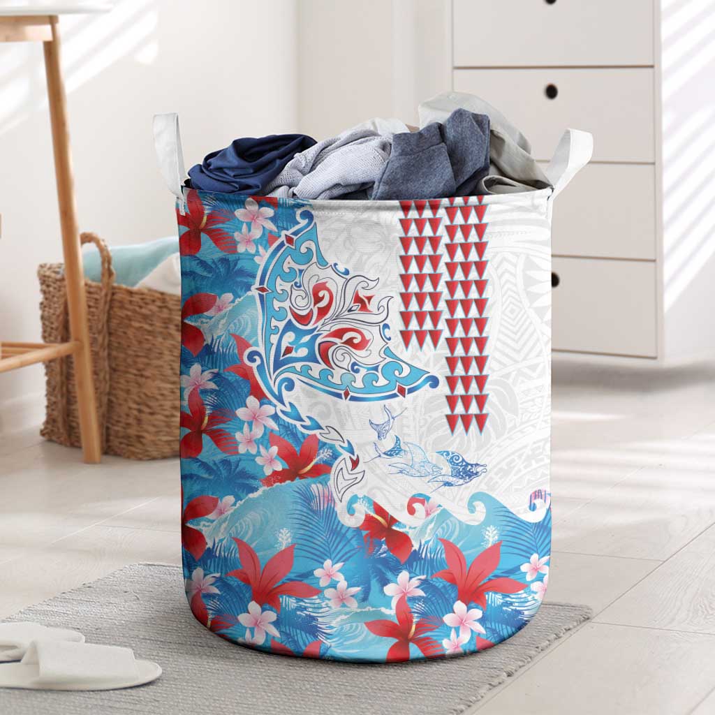 Hawaiian Tribal Manta Ray Laundry Basket Kakau Tattoo and Flowers Surfing Waves Pattern Ocean Color