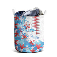 Hawaiian Tribal Manta Ray Laundry Basket Kakau Tattoo and Flowers Surfing Waves Pattern Ocean Color