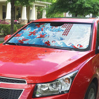 Hawaiian Tribal Manta Ray Auto Sun Shade Kakau Tattoo and Flowers Surfing Waves Pattern Ocean Color