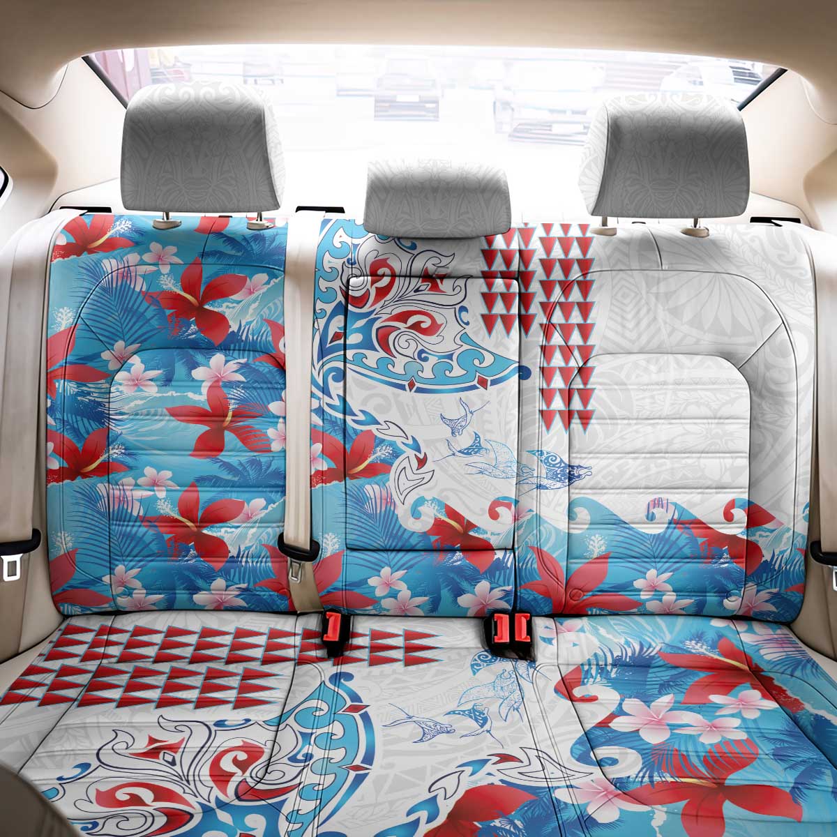 Hawaiian Tribal Manta Ray Back Car Seat Cover Kakau Tattoo and Flowers Surfing Waves Pattern Ocean Color LT03 - Polynesian Pride