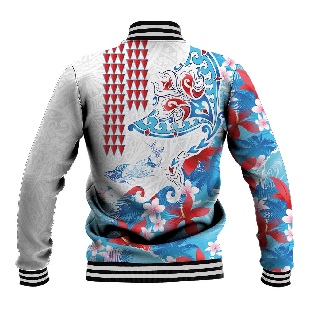 Hawaiian Tribal Manta Ray Baseball Jacket Kakau Tattoo and Flowers Surfing Waves Pattern Ocean Color