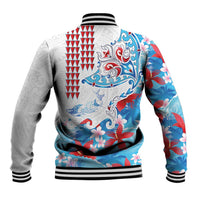 Hawaiian Tribal Manta Ray Baseball Jacket Kakau Tattoo and Flowers Surfing Waves Pattern Ocean Color