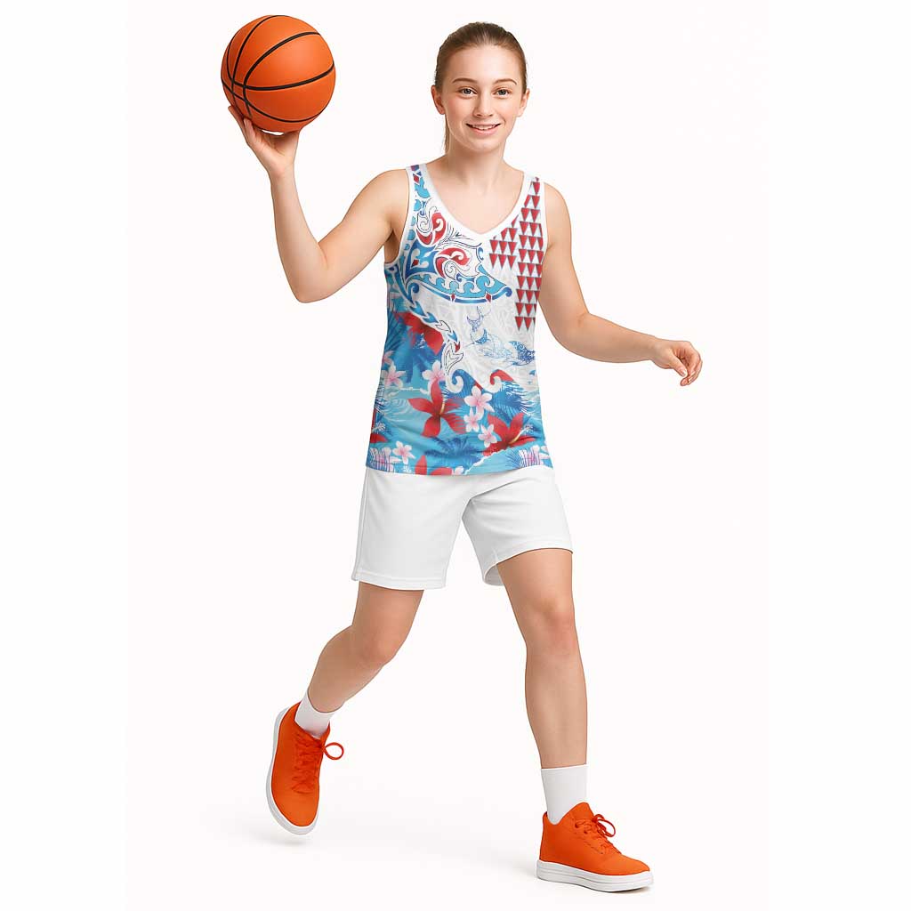Hawaiian Tribal Manta Ray Basketball Jersey Kakau Tattoo and Flowers Surfing Waves Pattern Ocean Color