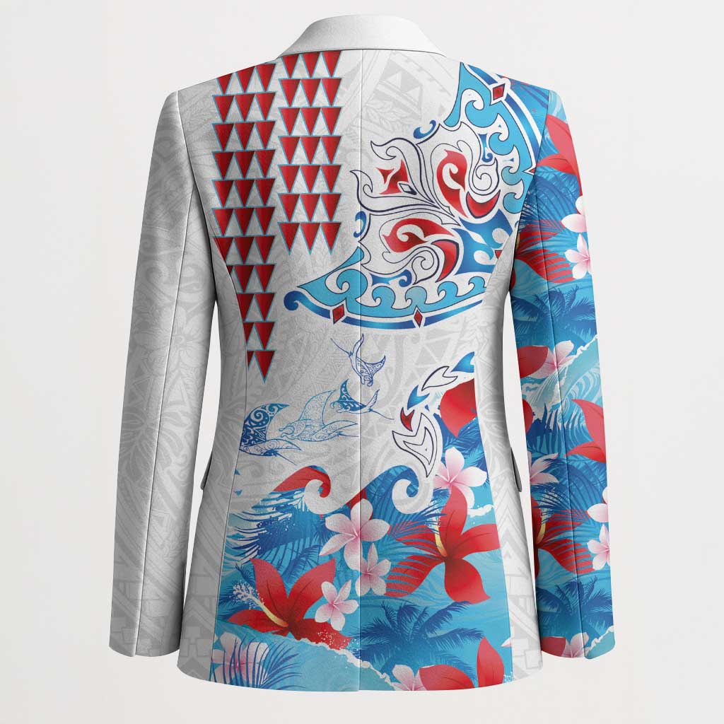 Hawaiian Tribal Manta Ray Blazer Kakau Tattoo and Flowers Surfing Waves Pattern Ocean Color LT03 - Polynesian Pride