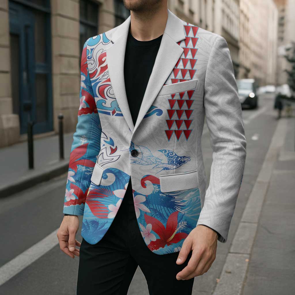 Hawaiian Tribal Manta Ray Blazer Kakau Tattoo and Flowers Surfing Waves Pattern Ocean Color LT03 - Polynesian Pride
