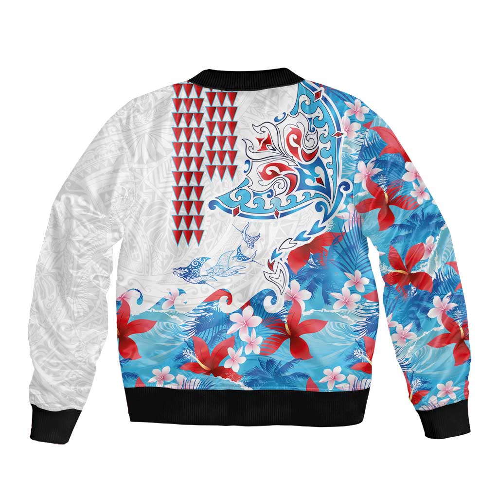 Hawaiian Tribal Manta Ray Bomber Jacket Kakau Tattoo and Flowers Surfing Waves Pattern Ocean Color LT03 - Polynesian Pride