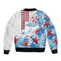 Hawaiian Tribal Manta Ray Bomber Jacket Kakau Tattoo and Flowers Surfing Waves Pattern Ocean Color LT03 - Polynesian Pride
