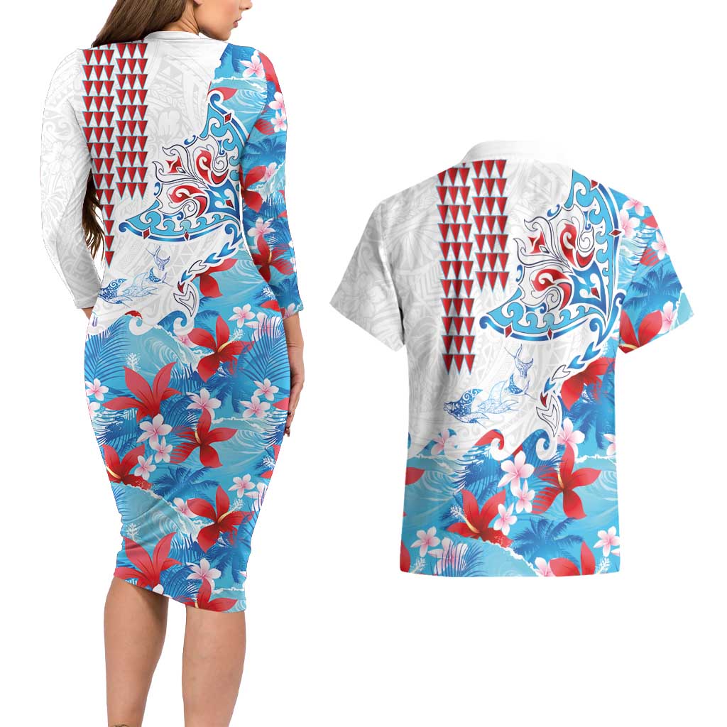 Hawaiian Tribal Manta Ray Couples Matching Long Sleeve Bodycon Dress and Hawaiian Shirt Kakau Tattoo and Flowers Surfing Waves Pattern Ocean Color