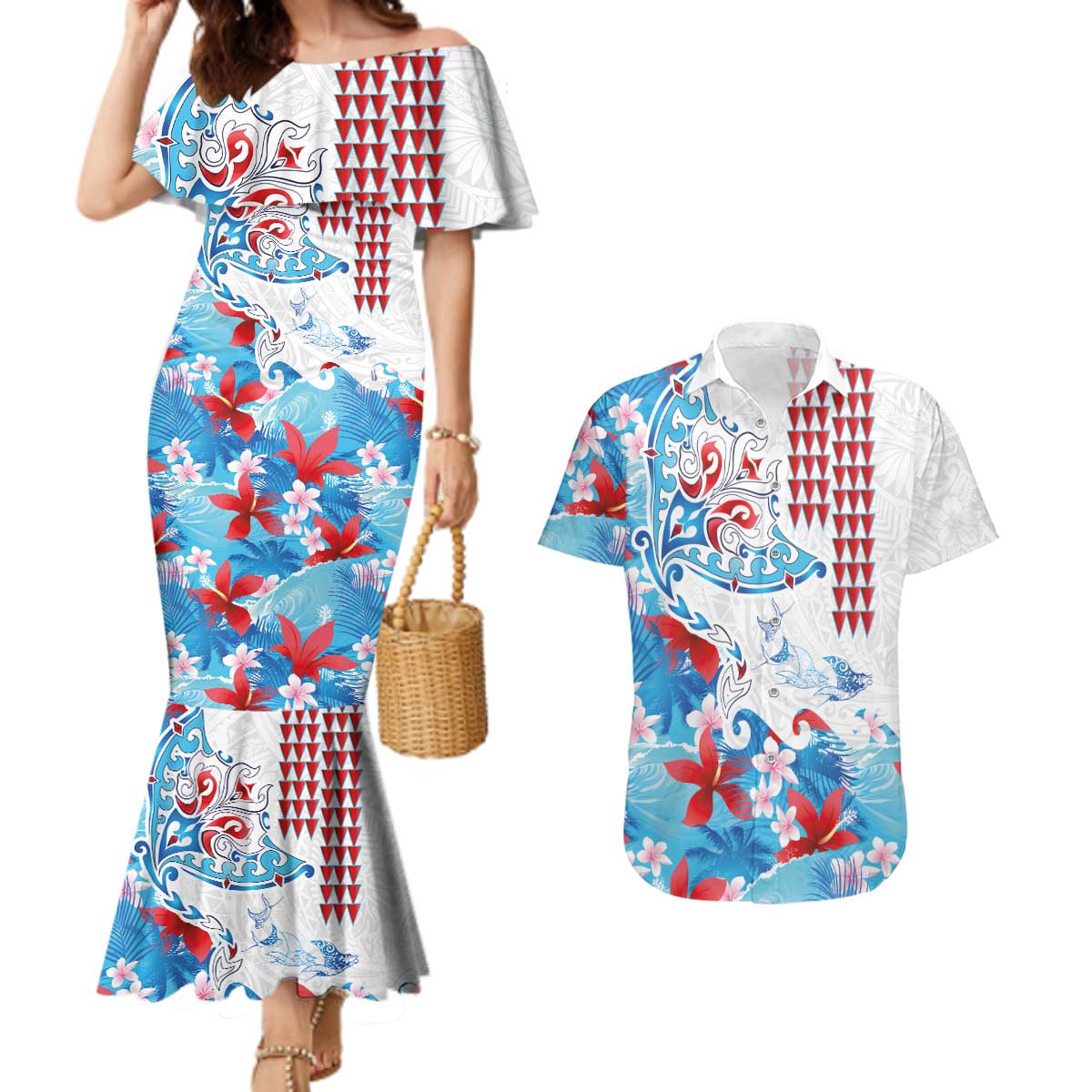 Hawaiian Tribal Manta Ray Couples Matching Mermaid Dress and Hawaiian Shirt Kakau Tattoo and Flowers Surfing Waves Pattern Ocean Color