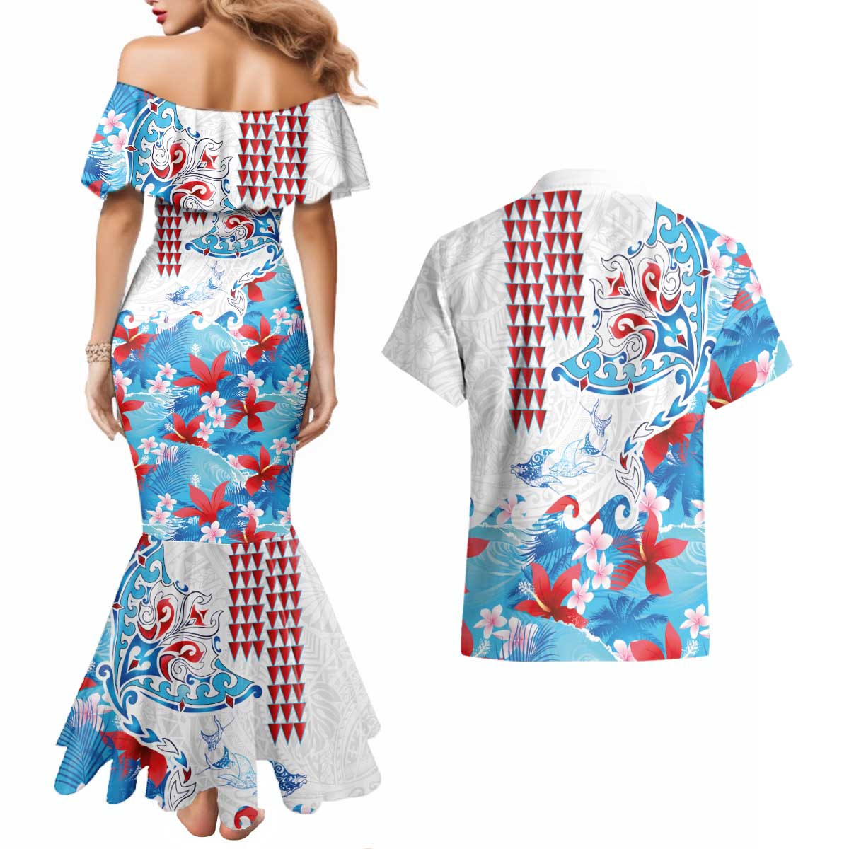 Hawaiian Tribal Manta Ray Couples Matching Mermaid Dress and Hawaiian Shirt Kakau Tattoo and Flowers Surfing Waves Pattern Ocean Color