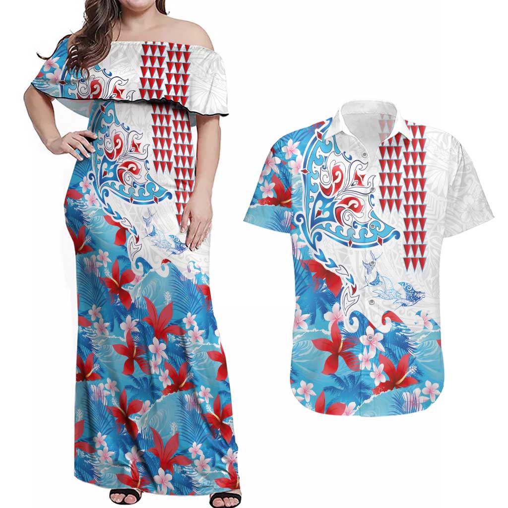 Hawaiian Tribal Manta Ray Couples Matching Off Shoulder Maxi Dress and Hawaiian Shirt Kakau Tattoo and Flowers Surfing Waves Pattern Ocean Color