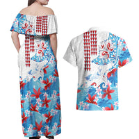 Hawaiian Tribal Manta Ray Couples Matching Off Shoulder Maxi Dress and Hawaiian Shirt Kakau Tattoo and Flowers Surfing Waves Pattern Ocean Color