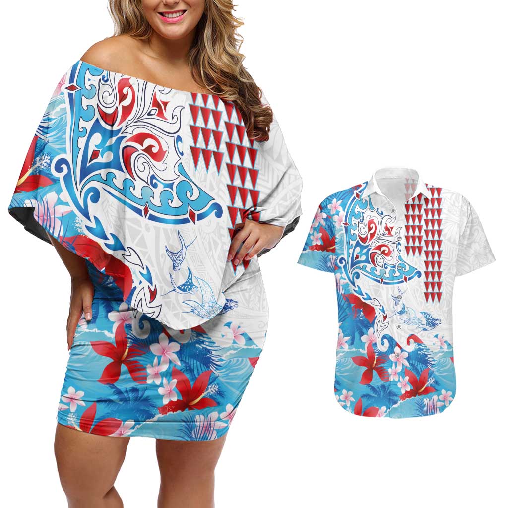Hawaiian Tribal Manta Ray Couples Matching Off Shoulder Short Dress and Hawaiian Shirt Kakau Tattoo and Flowers Surfing Waves Pattern Ocean Color