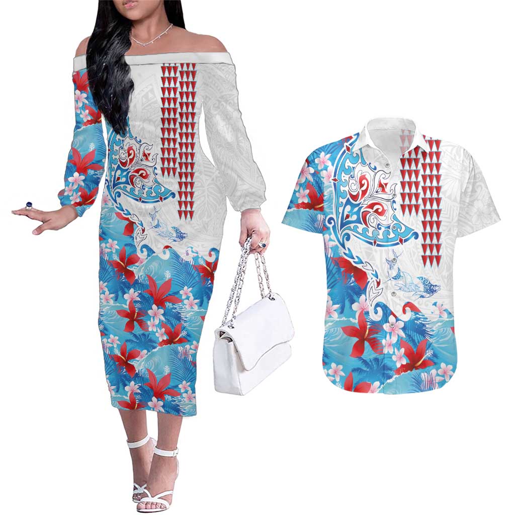 Hawaiian Tribal Manta Ray Couples Matching Off The Shoulder Long Sleeve Dress and Hawaiian Shirt Kakau Tattoo and Flowers Surfing Waves Pattern Ocean Color