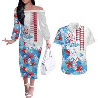 Hawaiian Tribal Manta Ray Couples Matching Off The Shoulder Long Sleeve Dress and Hawaiian Shirt Kakau Tattoo and Flowers Surfing Waves Pattern Ocean Color
